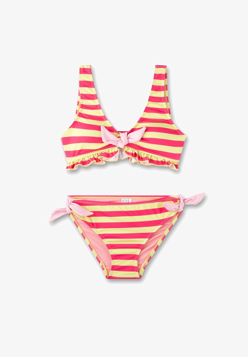 Gestreifter Bikini-Satz in Gelb und Pink. Das Oberteil hat einen tiefen V-Ausschnitt, Rüschensaum und eine Bindung in der Mitte; die Unterteile haben seitliche Bindebänder.