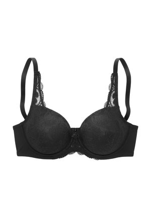 Black lace bra with molded cups, decorative lace detailing along the straps, and a central hook closure. Satin-like texture.