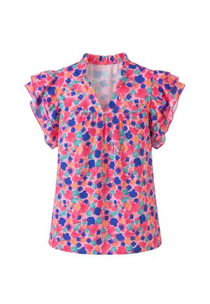 Lyserød bluse med flerfarvet blomsterprint, flæseærmer i kort længde og en let V-udskæring.