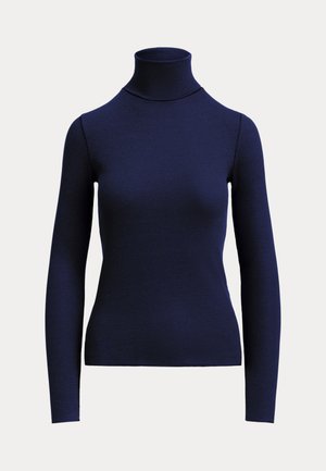 Marineblauwe geribde coltrui met lange mouwen en aansluitende pasvorm op een effen lichte achtergrond.