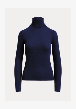 Marineblauwe geribde coltrui met lange mouwen en aansluitende pasvorm op een effen lichte achtergrond.