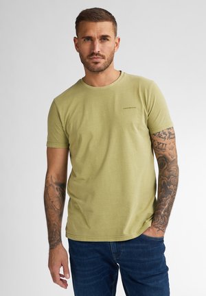 Olive green short-sleeve t-shirt in soft cotton fabric, featuring a crew neckline and a small printed logo on the left chest.