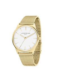 Gouden polshorloge met een ronde witte wijzerplaat, minimalistische uurmarkeringen en een mesh-band. Beschikt over een gepolijst kast en een veilig sluitingontwerp.