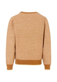 Maglione giallo senape texturizzato con scollatura rotonda e polsini a costine. Presenta un bordo a contrasto solido sul collo e sull'orlo inferiore.