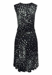 Schwarzes Kleid mit weißen Punkten, ärmellos, tailliert, mit schwingendem Rock, weicher Stoff, knielang, glatte Textur, schlichtes Design.