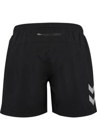 Svarta sportshorts med resårmidja, som har en bakre dragkedjeficka och gråa chevroner på den nedre sidan. Tillverkade av lätt material.