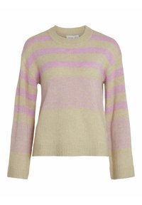 Ljusbeige tröja med breda rosa ränder, rund halsringning och långa ärmar. Stickad textur med ribbad nederkant och ärmslut.