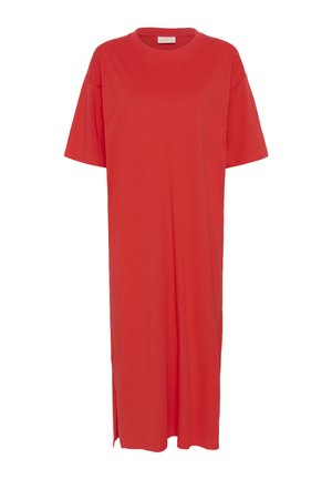 Robe t-shirt rouge, manches courtes, longueur midi, col rond, fente latérale, coupe ample.