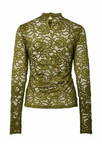 Top z długim rękawem z koronki w oliwkowym zielonym kolorze, z kwiatowym wzorem, wysokim dekoltem i detalem z kluczykowym wycięciem z tyłu z zapięciem na guzik.