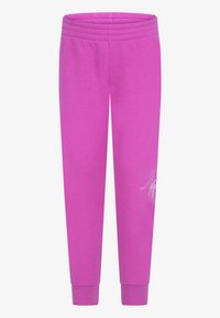 Pantaloni sportivi rosa realizzati in tessuto morbido, con vita e polsini elasticizzati, e una discreta grafica bianca sulla parte inferiore della gamba.