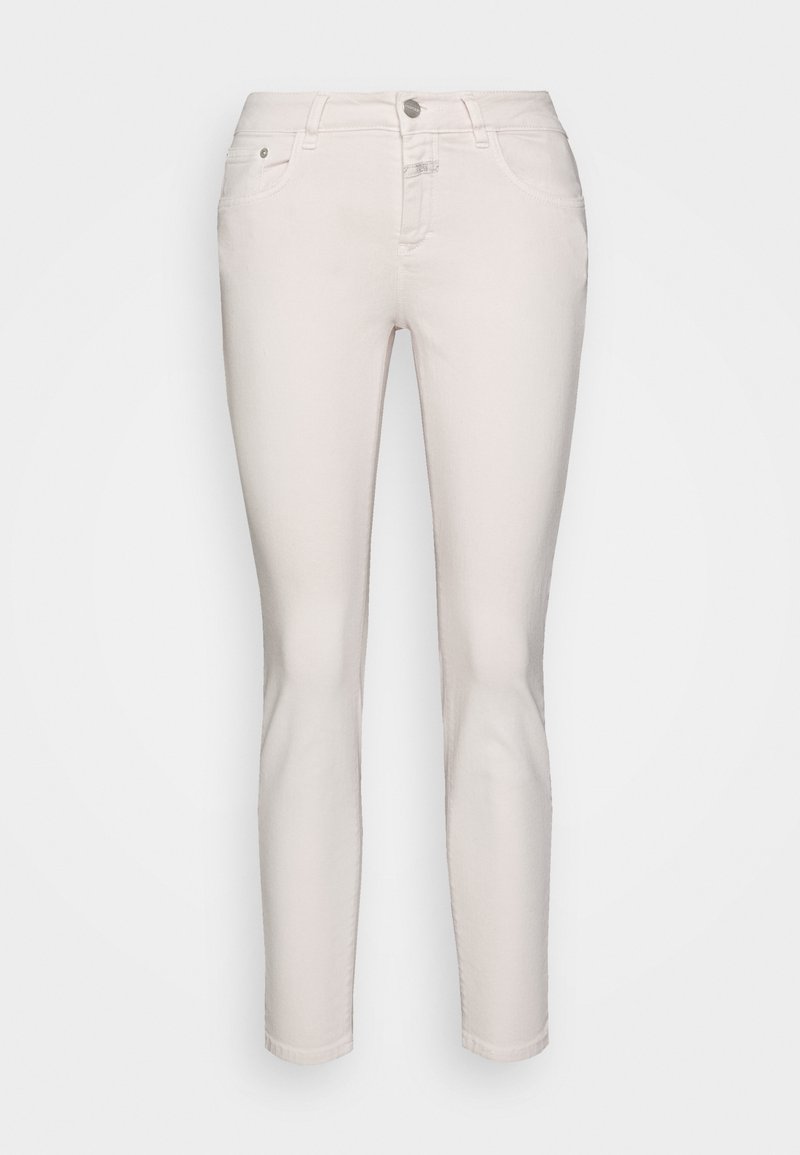 Jeans en mélange de coton rose pâle avec une coupe slim, design à jambes droites, cinq poches, fermeture à bouton et détails de couture minimalistes.