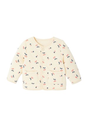 Cream-colored baby jacket with front snap buttons, two pockets, and a small cherry print pattern in red and navy blue.