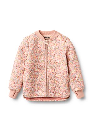 Chaqueta infantil acolchada rosa con estampado floral, cuello y puños acanalados, cierre frontal con cremallera y dobladillo curvado.