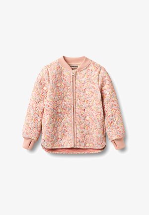 Gewatteerd roze bloemenjack voor kinderen met geribde kraag en manchetten, ritssluiting aan de voorkant en gebogen zoom.