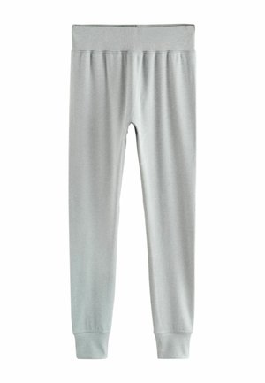 Graue Leggings aus weichem Stoff, mit einem dehnbaren Bund und einer figurbetonten Passform. Glatte Textur ohne sichtbare Muster oder Akzente.