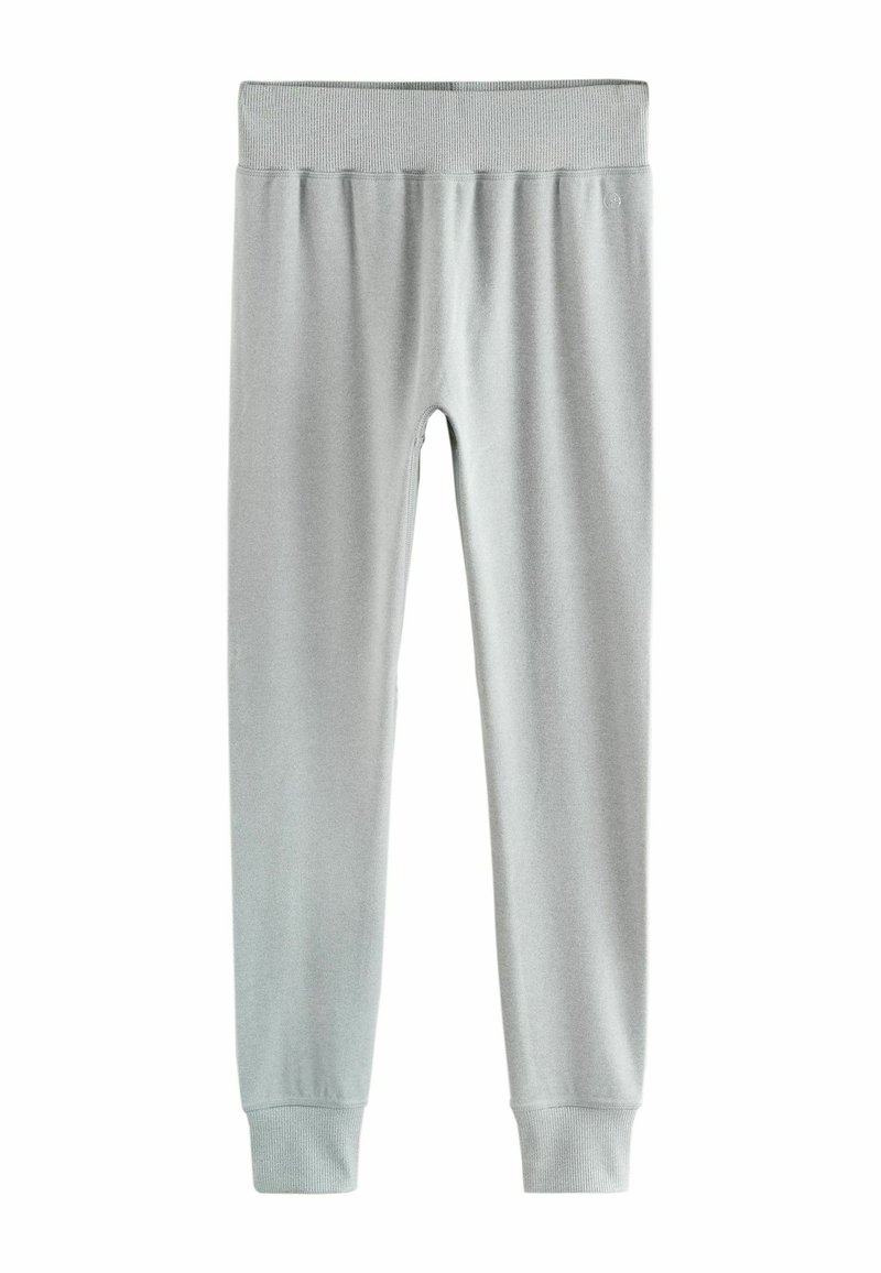 Gray leggings made from soft fabric, featuring a stretchy waistband and fitted design. Smooth texture with no visible patterns or accents.