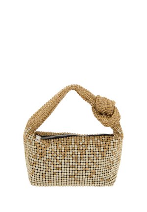Tas met knoophandvat in gouden en witte kraalmateriaal, met een ritssluiting en een gestructureerd patroon. Compact rechthoekige vorm.