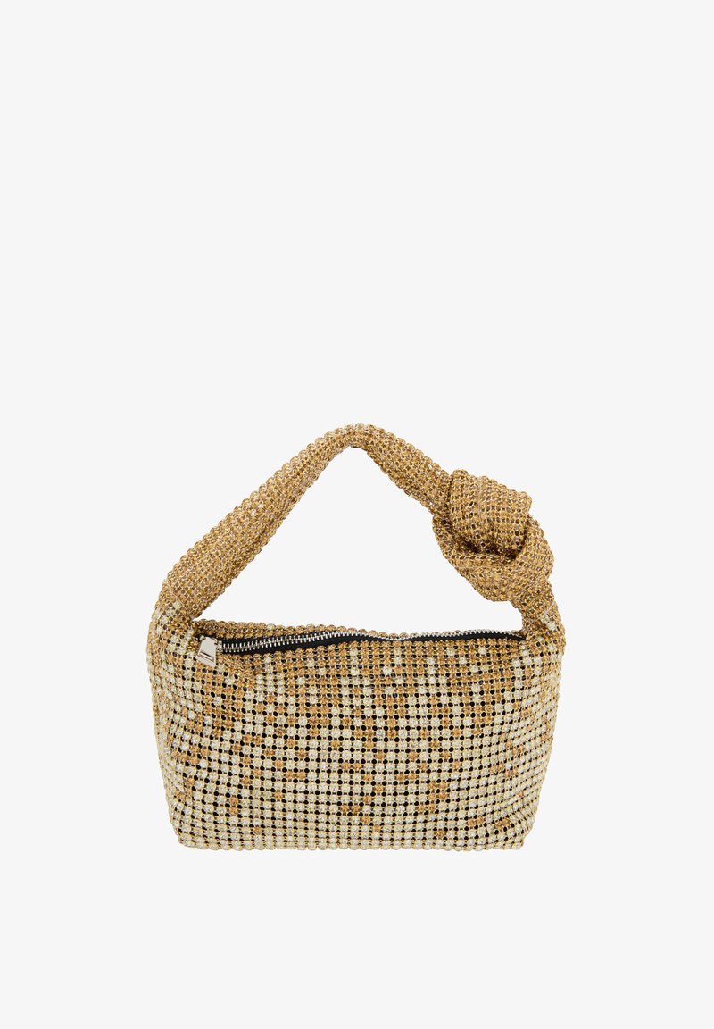 Torebka z uchwytem w kształcie węzła, wykonana z pozłacanych i białych koralików, z zamknięciem na zamek oraz teksturowanym wzorem na całej powierzchni. Kompaktowy prostokątny kształt.