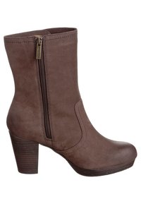Botas de tobillo de imitación piel marrón con cremallera lateral, punta redonda y tacón apilado. La parte superior tiene una textura suave y detalles de costura mínimos.