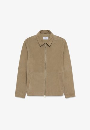 Jachetă din piele intoarsă bej, cu guler, închidere frontală cu fermoar, două buzunare laterale și textură netedă.