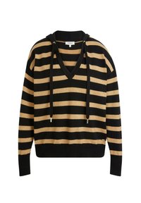 Maglione a righe nere e oro con scollo a V e cappuccio. Tessuto morbido a maglia con vestibilità rilassata e coulisse, valorizzato da fili metallici.