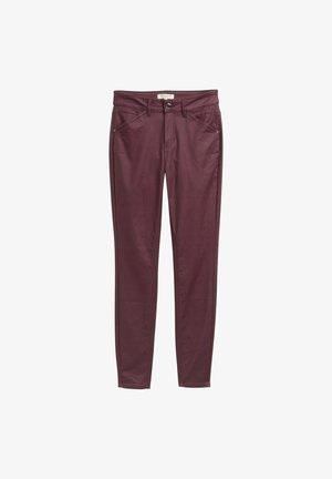 Jean skinny bordeaux en coton extensible, avec cinq poches, surpiqûres discrètes et fermeture à bouton à la taille.
