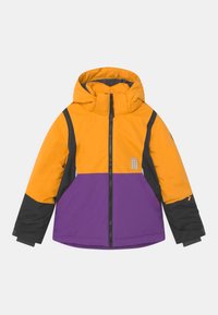 Dětská zimní bunda s oranžovým vrškem, fialovým spodním dílem, černými rukávy a boky, přední zip a připojená kapuce.