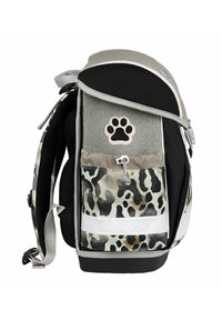 Grau- und schwarze Rucksack mit einem Netzoberteil, einer vorderen Tasche im Tierdesign, Akzenten in Form von Pfotenabdrücken, Seitenträgern und reflektierenden Details.
