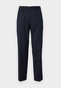 Navy blue trousers made of smooth fabric, featuring a front button, straight-leg design, and side pockets. No patterns or embellishments visible.