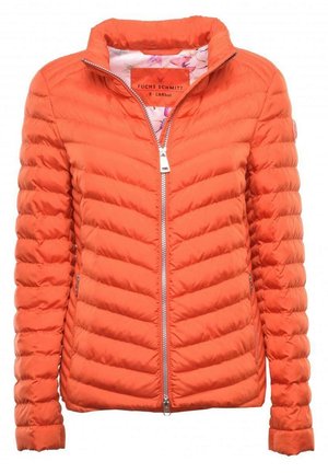 Heldere oranje gewatteerde jas met een volledige zilveren ritssluiting en een bloemenprint aan de binnenkant, uitgevoerd met zijritszakken en een opstaande kraag.