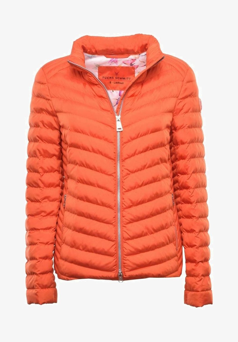 Veste matelassée orange vif avec fermeture éclair argentée complète et doublure intérieure florale, équipée de poches latérales zippées et d'un col montant.