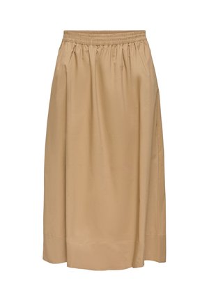 Falda midi beige con cintura elástica y pliegues sutiles, fabricada con tela suave, mostrada sobre un fondo blanco.
