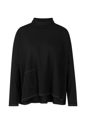 Black pullover sweater with a high collar, loose fit, and asymmetrical hem. Features a front pocket and contrasting stitching detail.