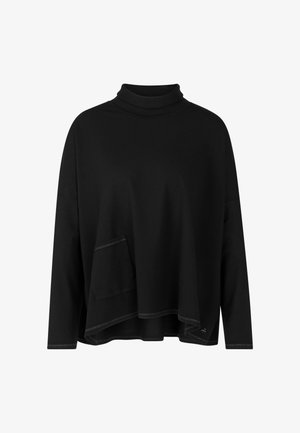 Black pullover sweater with a high collar, loose fit, and asymmetrical hem. Features a front pocket and contrasting stitching detail.