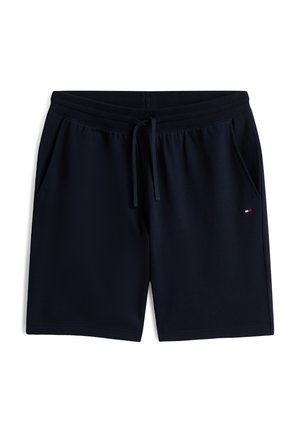 Shorts blu navy in tessuto morbido, con vita elastica e coulisse, tasche laterali e un piccolo logo sulla sinistra.