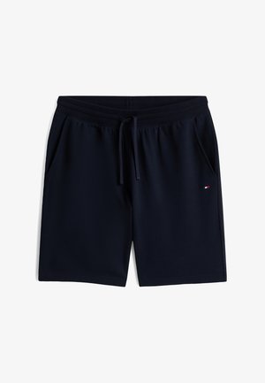 Navy blue shorts made of soft fabric, featuring an elastic waistband with drawstring, side pockets, and a small logo on the left.