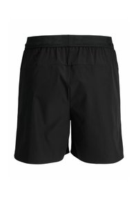 Schwarze Sportshorts mit elastischem Bund, von hinten vor einem schlichten weißen Hintergrund gezeigt.