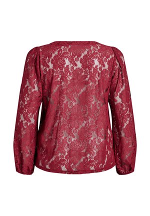 Burgundia pikkade varrukatega pitspluus, mis on kaunistatud lillemustriga, läbipaistva tekstuuriga ja ümarate kaelustega, millel on kokku tõmmatud õlad.