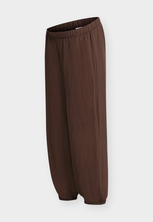 Pantalon marron ample avec taille élastique et bas de jambes élastiqués froncés, fabriqué à partir d'un tissu léger texturé.