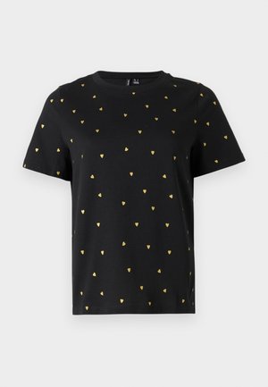 Juodas trumpas rankovės marškinėlis, pagamintas iš medvilnės, su mažais auksiniais širdelių raštais, tolygiai išdėstytais visame audinyje. Apvalus kaklo išpjovimas.