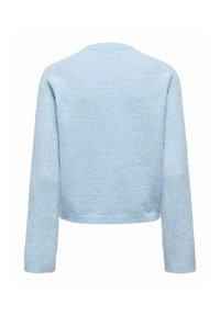 Pull tricoté bleu clair, design court, avec manches longues. Les manches présentent un motif texturé le long des bords.