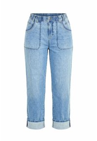 Pantalon court en denim bleu clair avec taille élastique, poches plaquées devant, fermeture par bouton et fermeture éclair, ourlets retroussés.