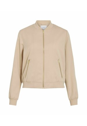 Beige Bomberjacke mit Reißverschluss, zwei vorderen Reißverschlusstaschen, gerippten Bündchen und einem runden Kragen. Glatte Stoffstruktur.