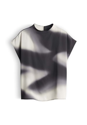 Top a maniche corte in tessuto leggero con un motivo a gradiente di sfumature di nero e grigio. Collo tondo con chiusura posteriore.