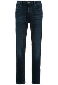 Vaqueros azul oscuro hechos de mezclilla, con un corte recto, diseño de cinco bolsillos y cierre con botón de metal. Textura limpia y lisa con un desgaste sutil.