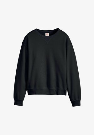 Czarna bluza z miękkiego materiału, z ribbowanym okrągłym dekoltem, długimi rękawami i luźnym krojem w jednolitym kolorze oraz minimalistycznym wzorze.