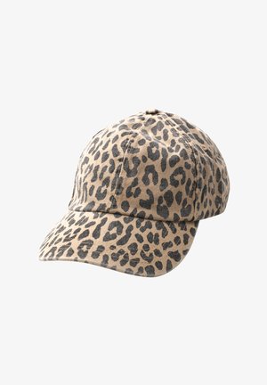Casquette de baseball avec motif léopard marron et noir affichée sur un fond blanc.