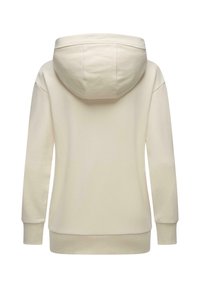 Hoodie couleur crème avec une grande capuche douce, des manches longues et des poignets et un ourlet côtelés. Texture lisse avec un design simple et minimaliste.