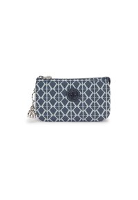 Borsa con zip di colore blu navy con motivo geometrico azzurro chiaro, dotata di un logo circolare e accessori decorativi in argento. Realizzata in tessuto resistente.