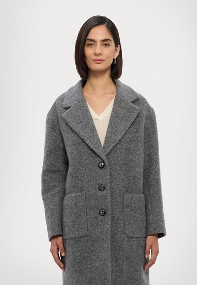 Gray wool coat with a notch lapel, four black buttons, and two front patch pockets. Features a soft texture and a straight silhouette.
